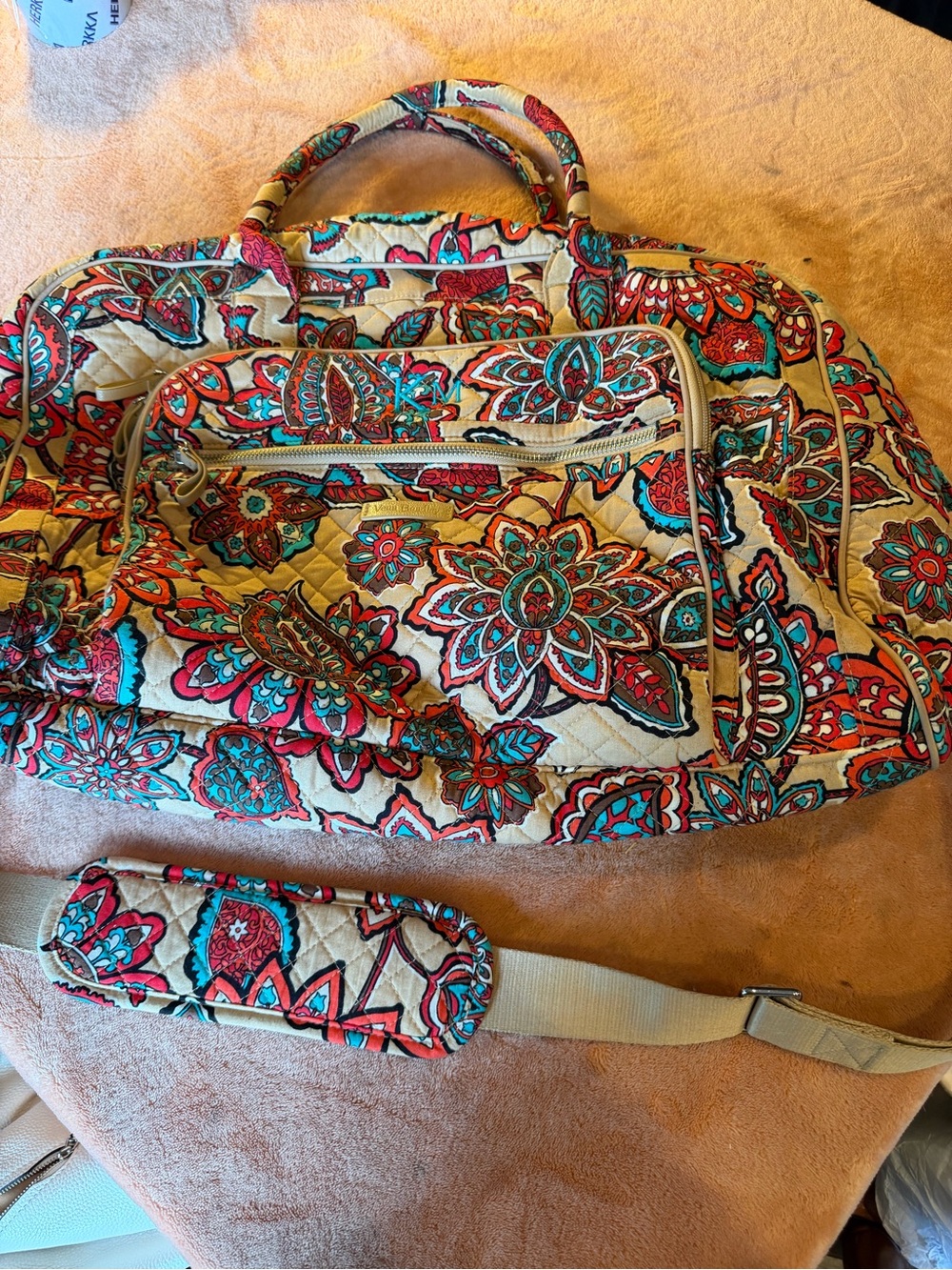 Vera Bradley Quilted Travel Bag in Cream, Teal and Coral